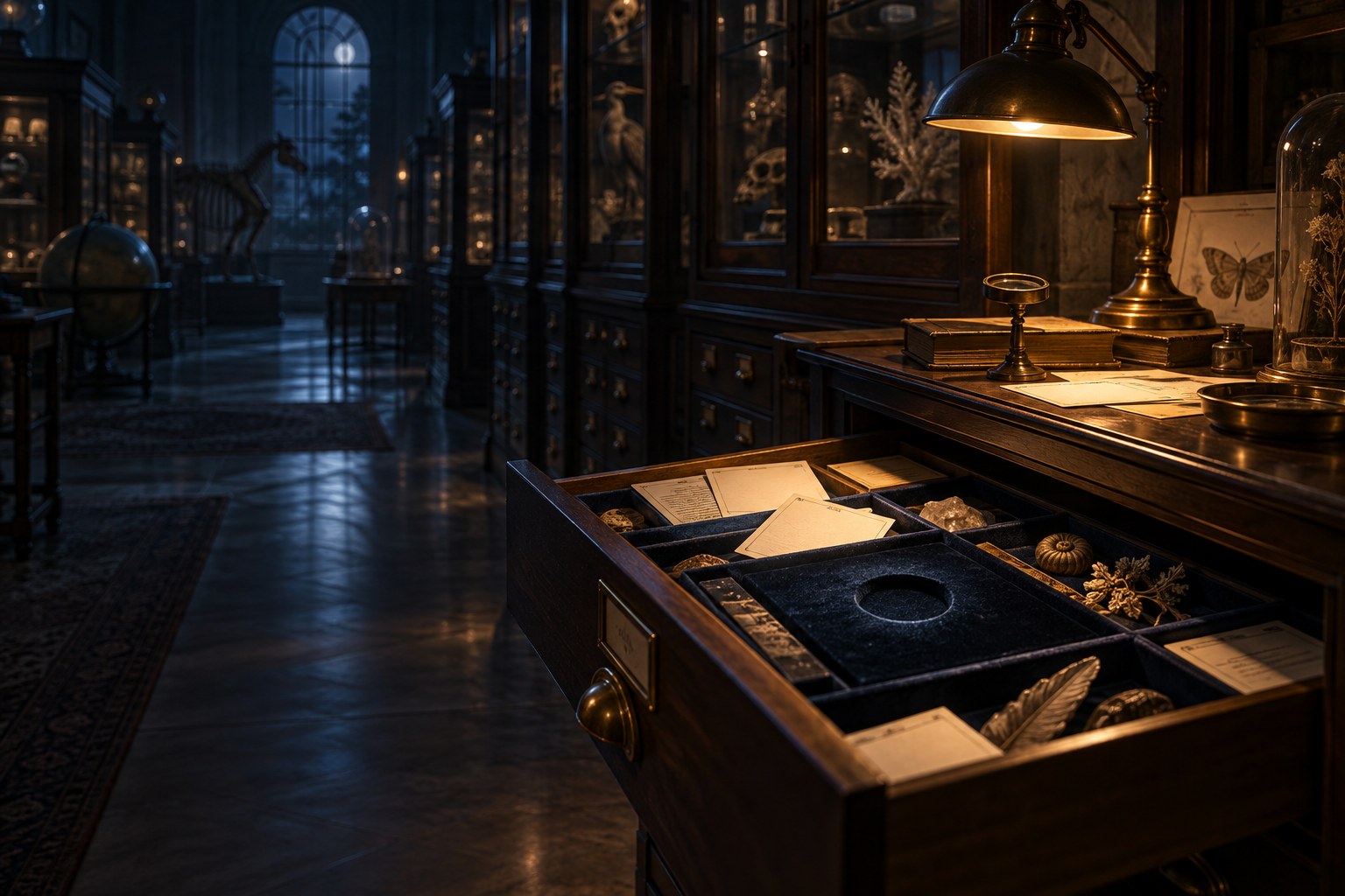 A lamplit museum archive with an empty velvet specimen tray.