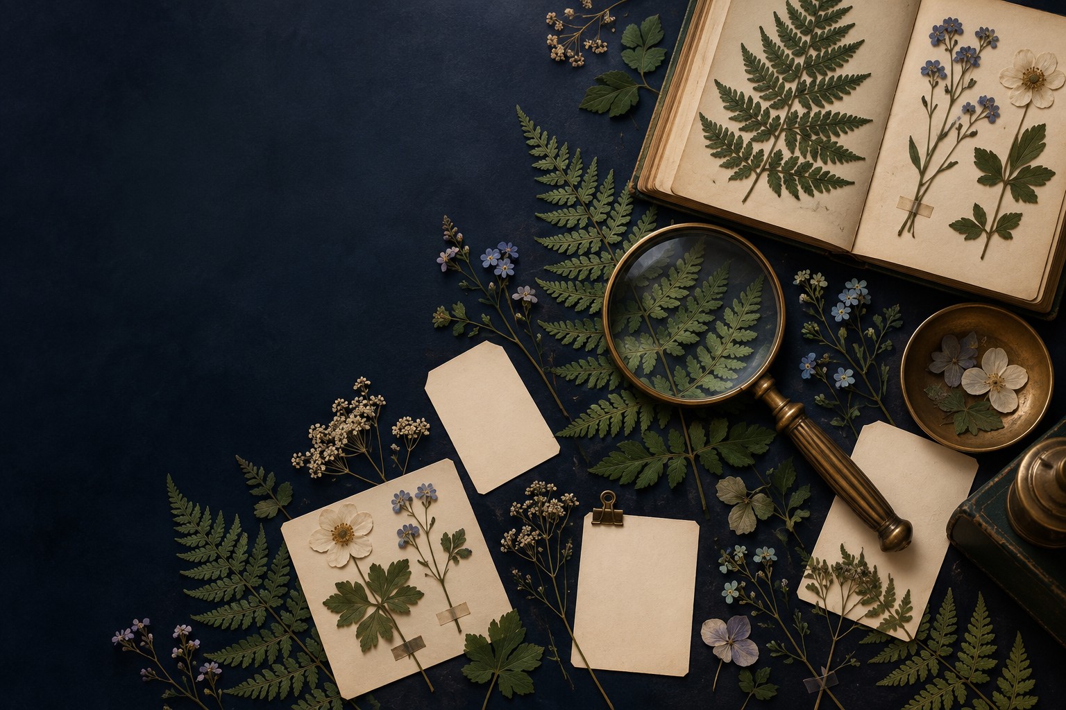 Botanical prints and ivory papers arranged beneath a brass magnifier on a dark studio desk.